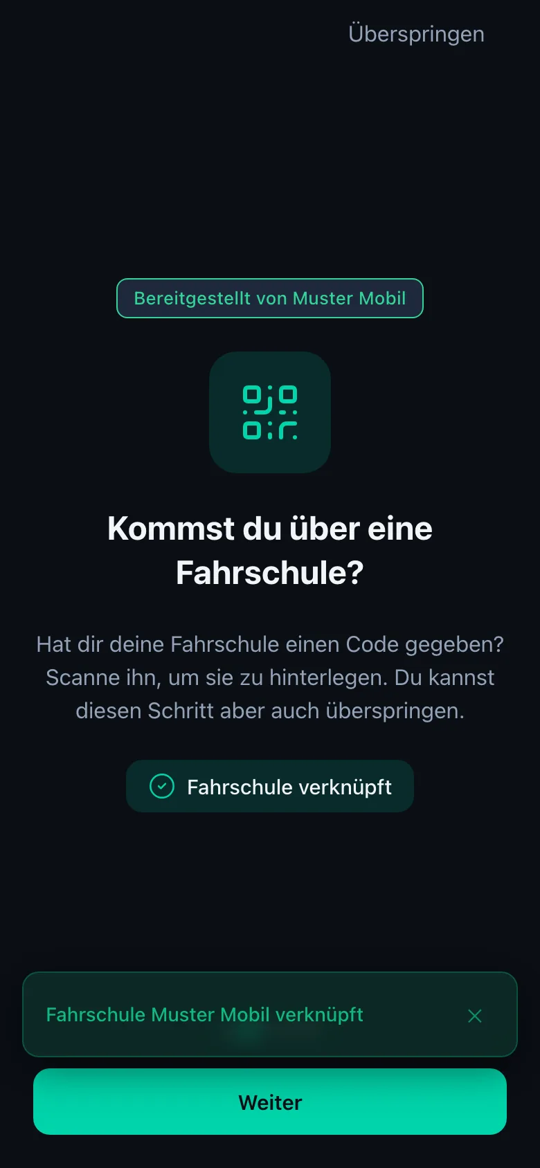 Bestätigung: Fahrschule verknüpft