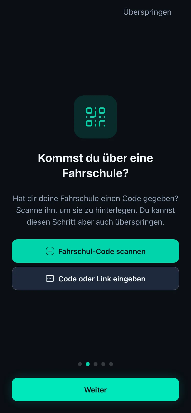Startbildschirm der App: Kommst du über eine Fahrschule?